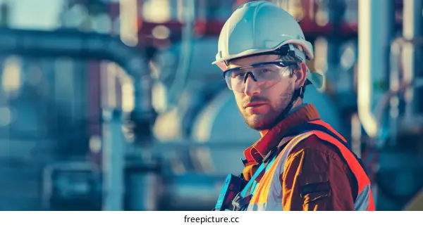 Engineer in Hard Hat and Safety Glasses at Industrial Site