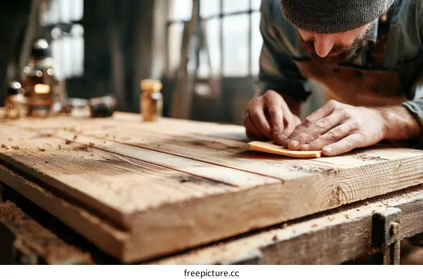 Woodworking Craftsman Polishing Wooden Plank