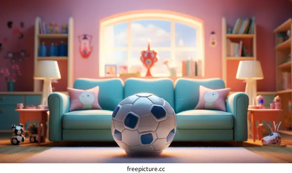 A blue and white soccer ball sits on a white rug in a living room with a blue couch and pink walls.