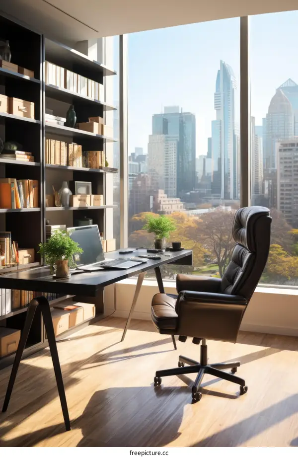 A modern home office with a large window overlooking the city