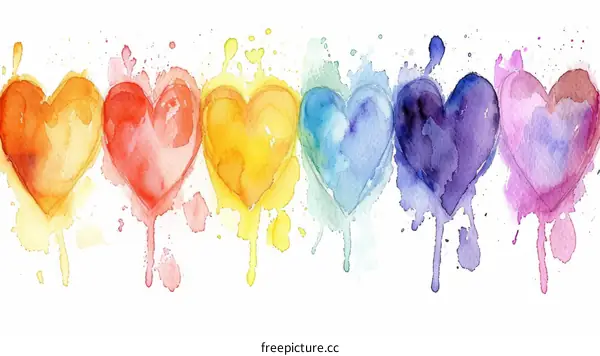 A row of watercolor painted hearts in the colors of the rainbow