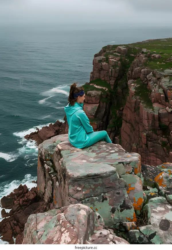 Woman Sitting on Cliff Overlooking the Ocean