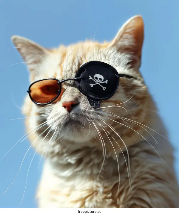 ginger cat wearing an eye patch with a skull and crossbones on it