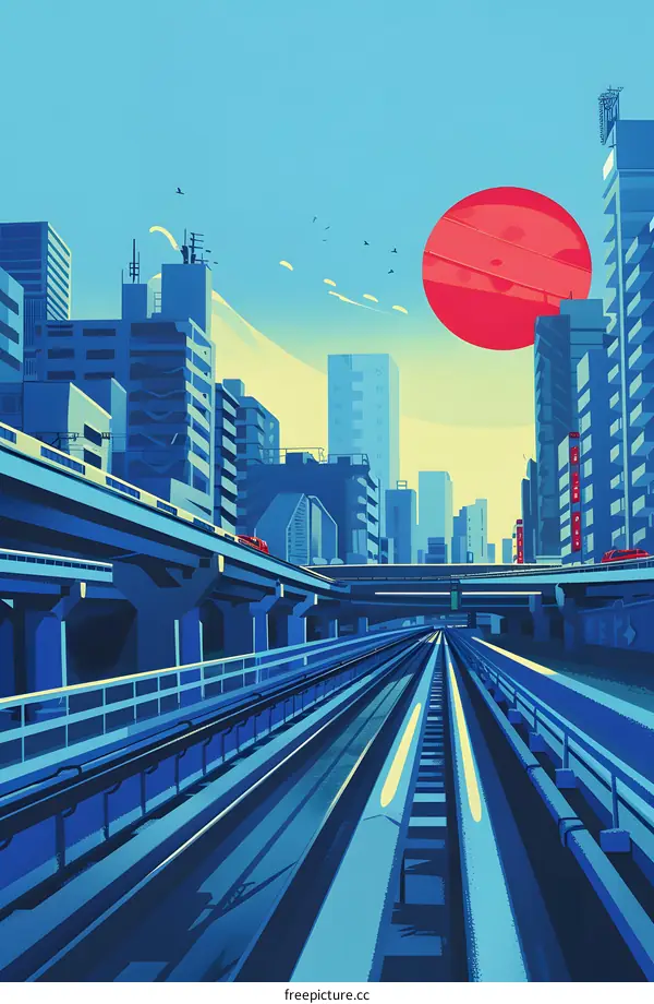 Blue Cityscape with Train Tracks and a Red Sun