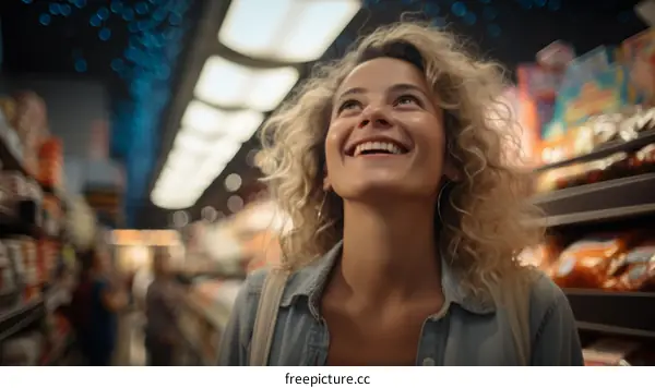 Portrait of a happy young woman looking up in a grocery store
