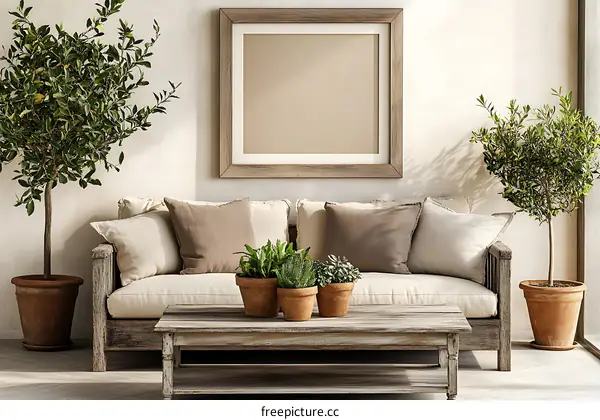 Rustic Living Room with Plants and Wooden Furniture