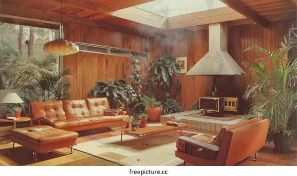 Retro Home Interior Design with Wood Paneling and Leather Furniture