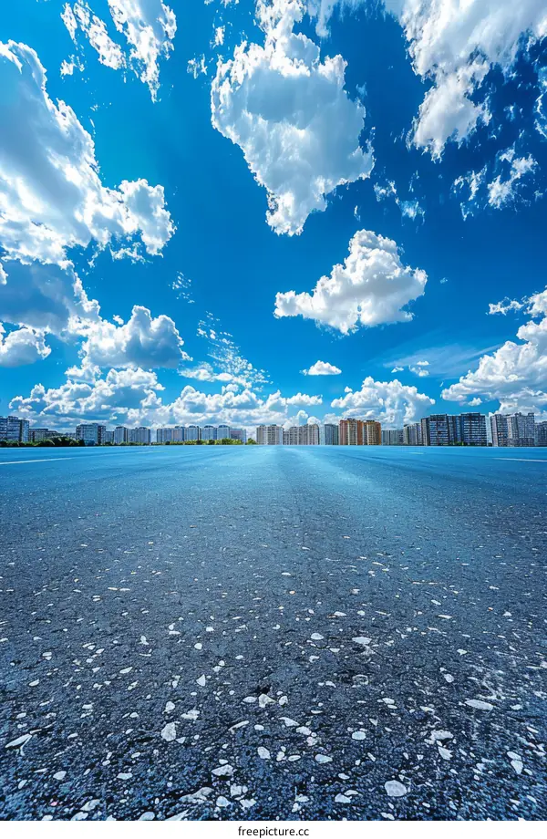 Road to the urban skyline paved with blue skies and white clouds