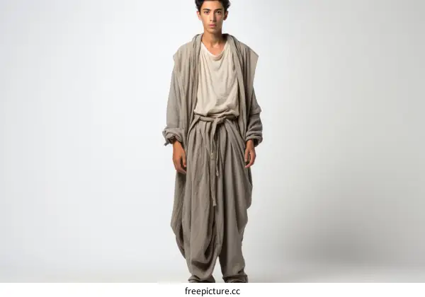 Young man wearing a long brown coat with a white shirt underneath