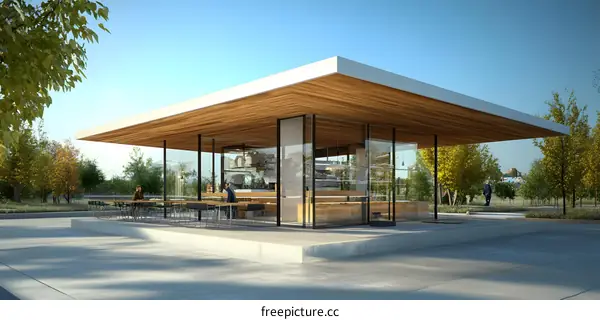 Modern Glass and Wood Coffee Shop with Outdoor Seating