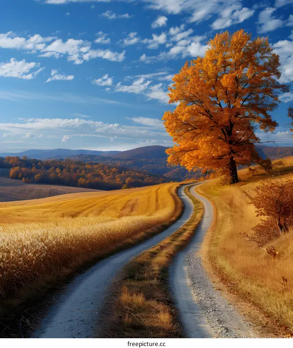 Autumn Country Road with a Golden Tree