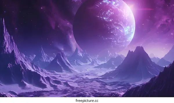 Purple Alien Planet Landscape with Mountains and Stars
