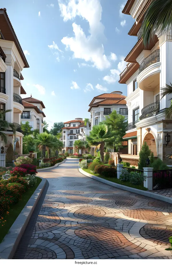 European style residential area with palm trees and flowers