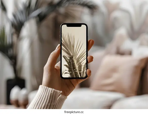 Person Holding Smartphone with Palm Tree Background
