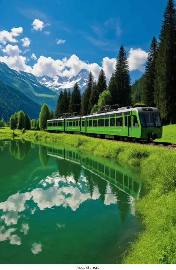 Green Train Passing Through Swiss Alps