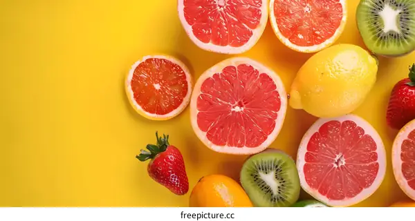 Fresh Sliced Fruits on a Yellow Background