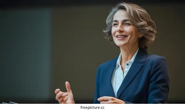 Smiling Woman Speaker Giving Presentation In Business Meeting