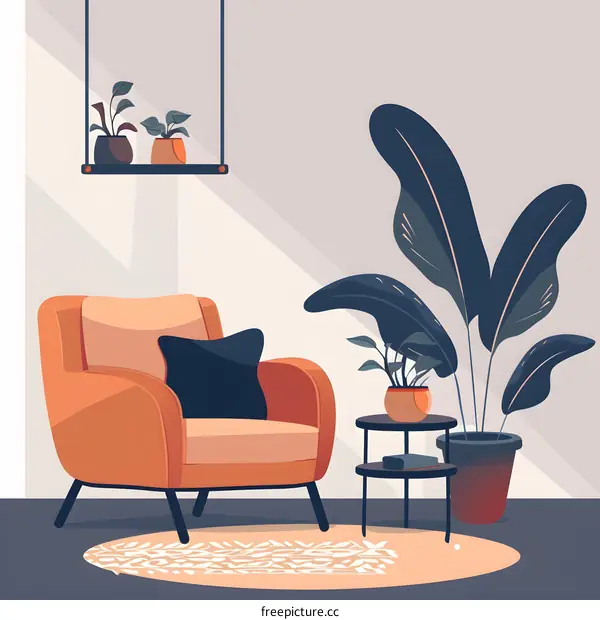 Modern Living Room Illustration with Armchair and Plants