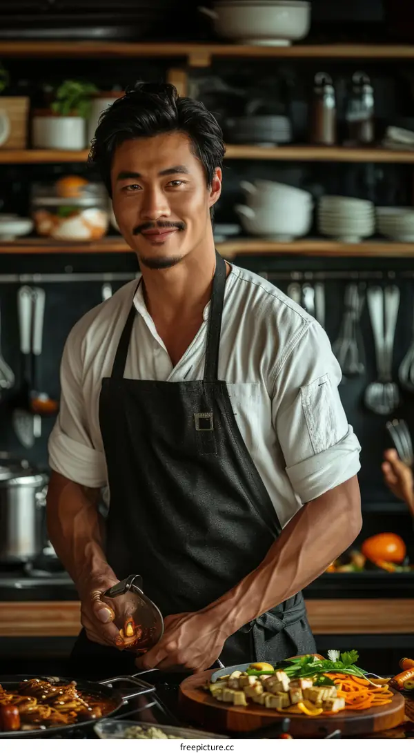 Smiling Asian Chef Preparing a Meal in a Restaurant Kitchen