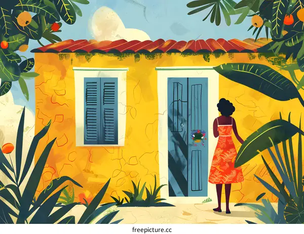 A woman standing in front of a blue door of a house