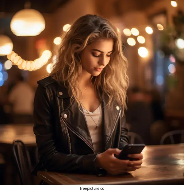 Blonde woman in leather jacket looking at her phone in a bar or restaurant