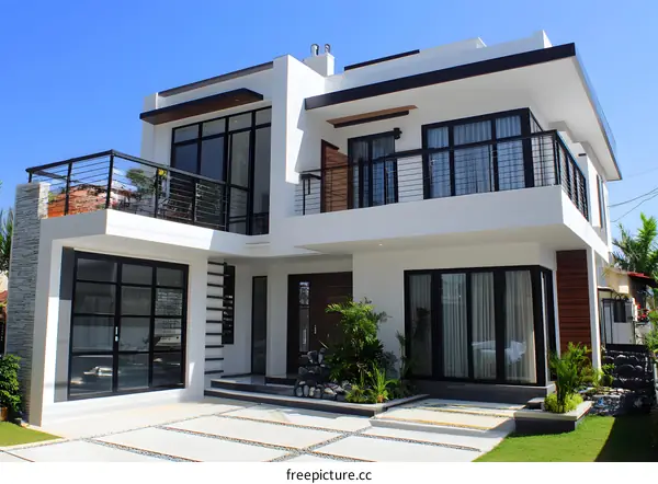 Modern Two Story Home With Balcony And Garden