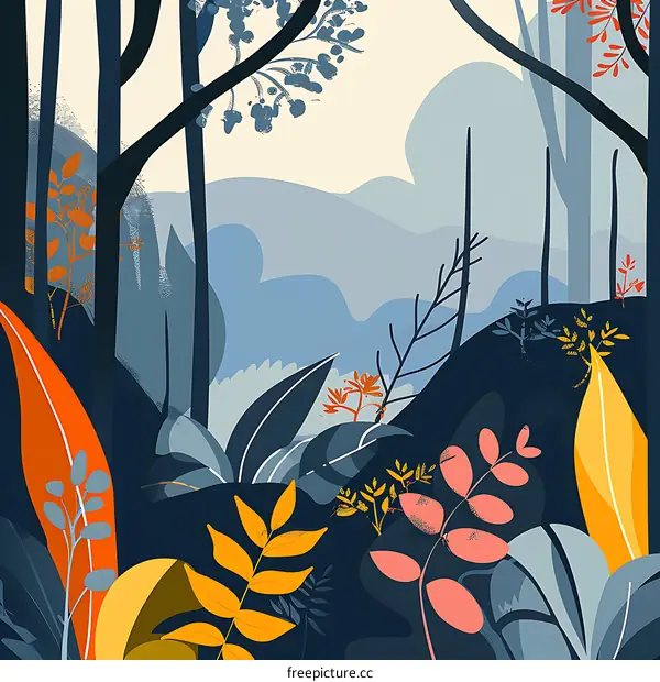 Abstract Forest Illustration with Blue and Yellow Tones