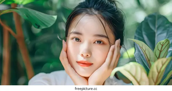 Portrait of a Young Asian Woman in a Garden