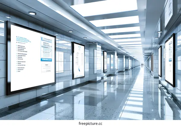 Modern Empty Hallway With White Walls And Many Posters