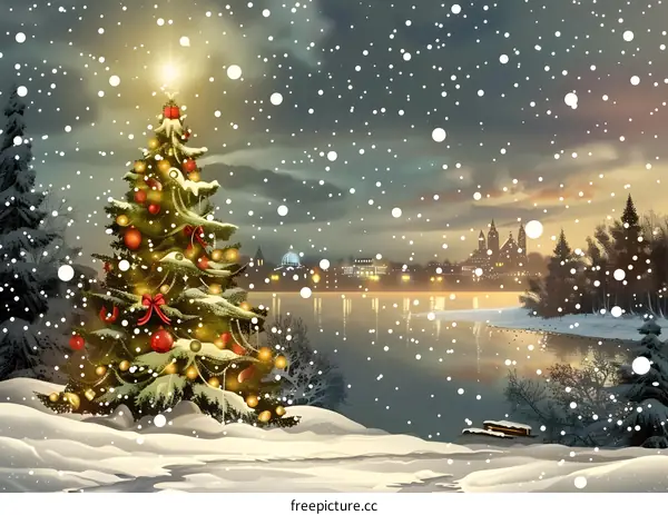 Christmas Tree by Snowy Lake at Dusk