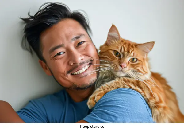 A smiling Asian man with a ginger cat on his shoulder