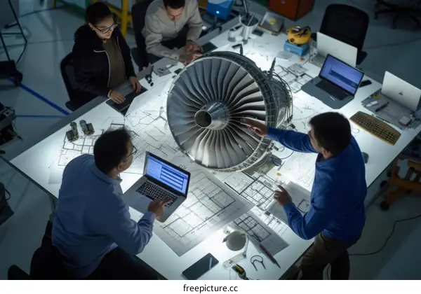 A group of engineers discussing a jet engine