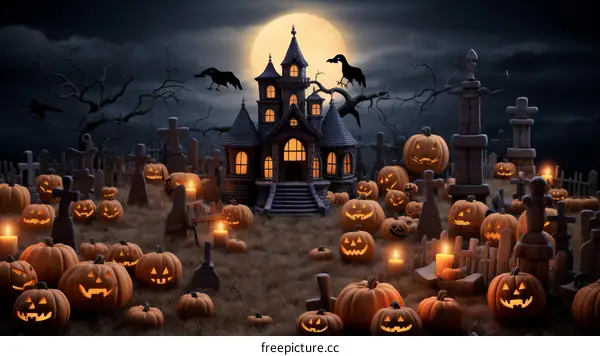 Haunted house with pumpkins and crows under the moonlight