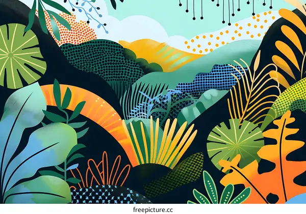 Abstract Tropical Jungle Illustration with Green and Yellow Leaves
