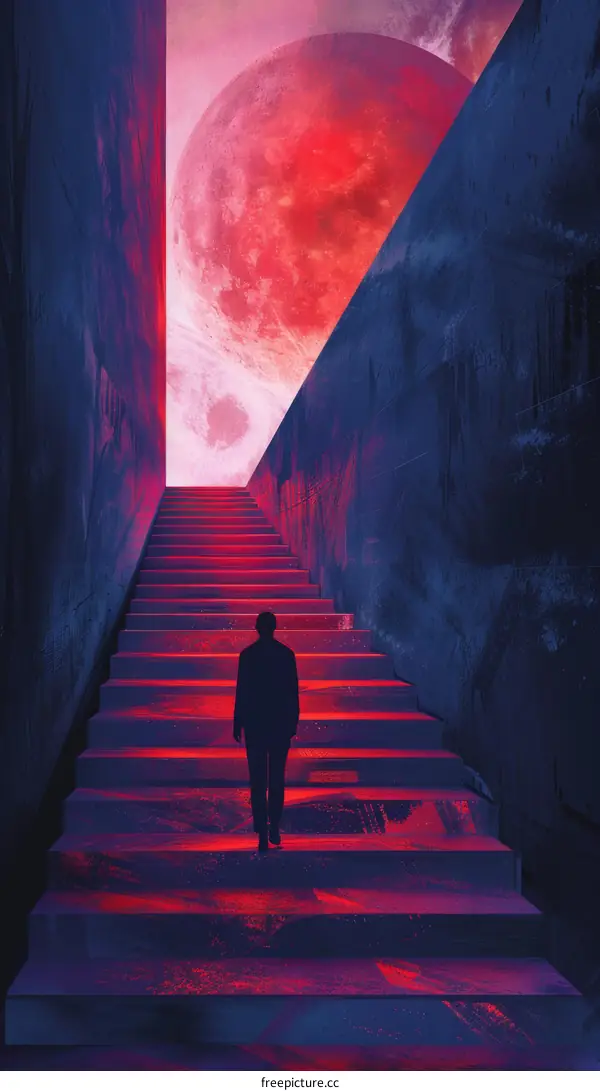 Man Ascending Concrete Staircase Towards a Crimson Moon