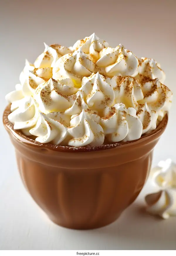 Whipped cream in a brown bowl