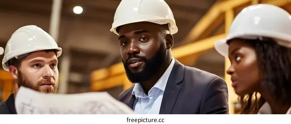 Three Construction Workers Wearing Hard Hats Review Blueprint