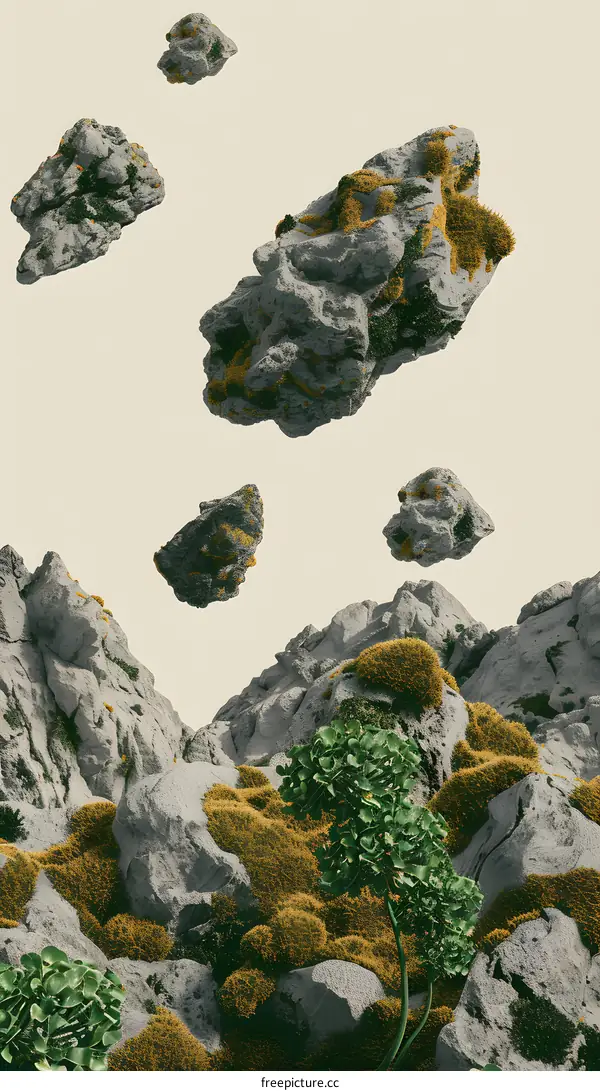 Abstract Surreal Landscape with Floating Rocks and Green Plants