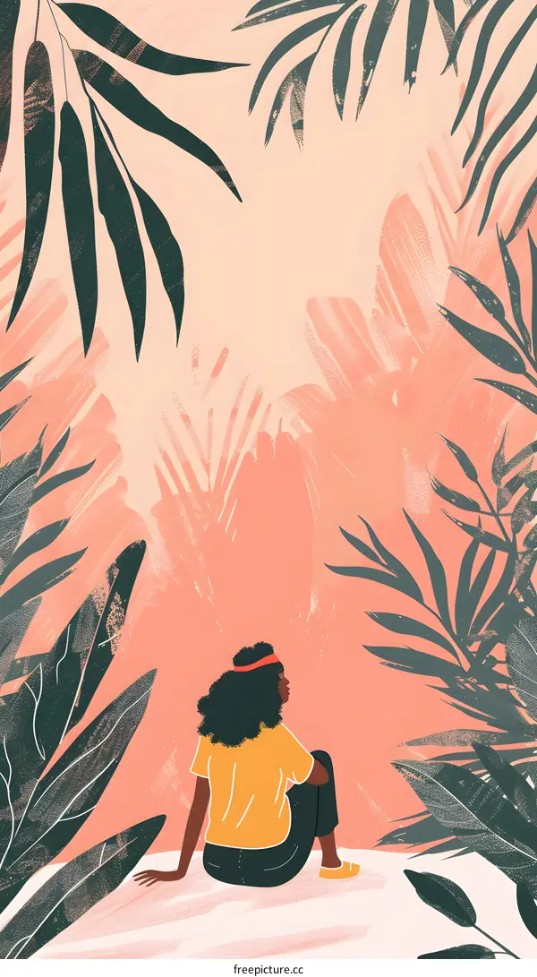 Woman Sitting in Tropical Leaves Illustration