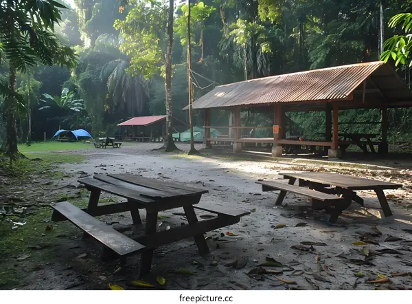 Wooden tables and benches in a forest