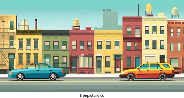 Urban Cityscape with Colorful Row Houses and Cars