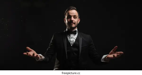 Portrait of a male magician in a black suit performing magic trick