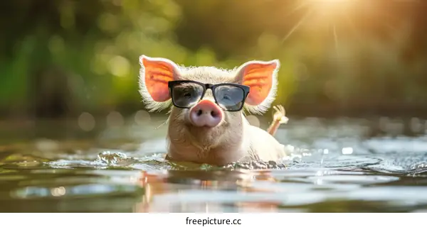 A cute pig wearing sunglasses is swimming in the river
