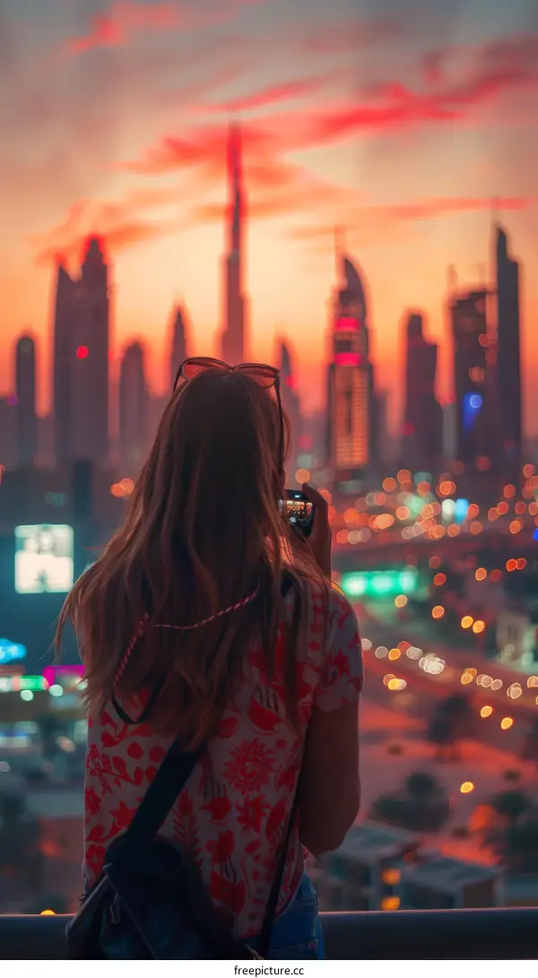 A woman is taking a photo of the Dubai skyline at sunset