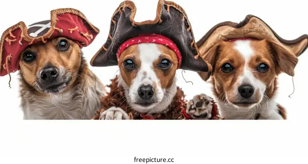 Three dogs wearing pirate hats