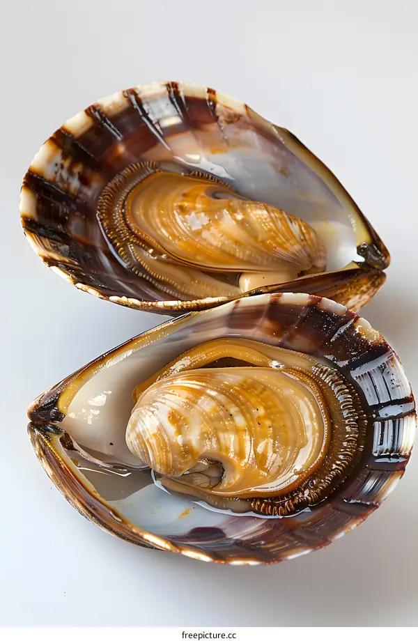 Two opened ark shells with meat