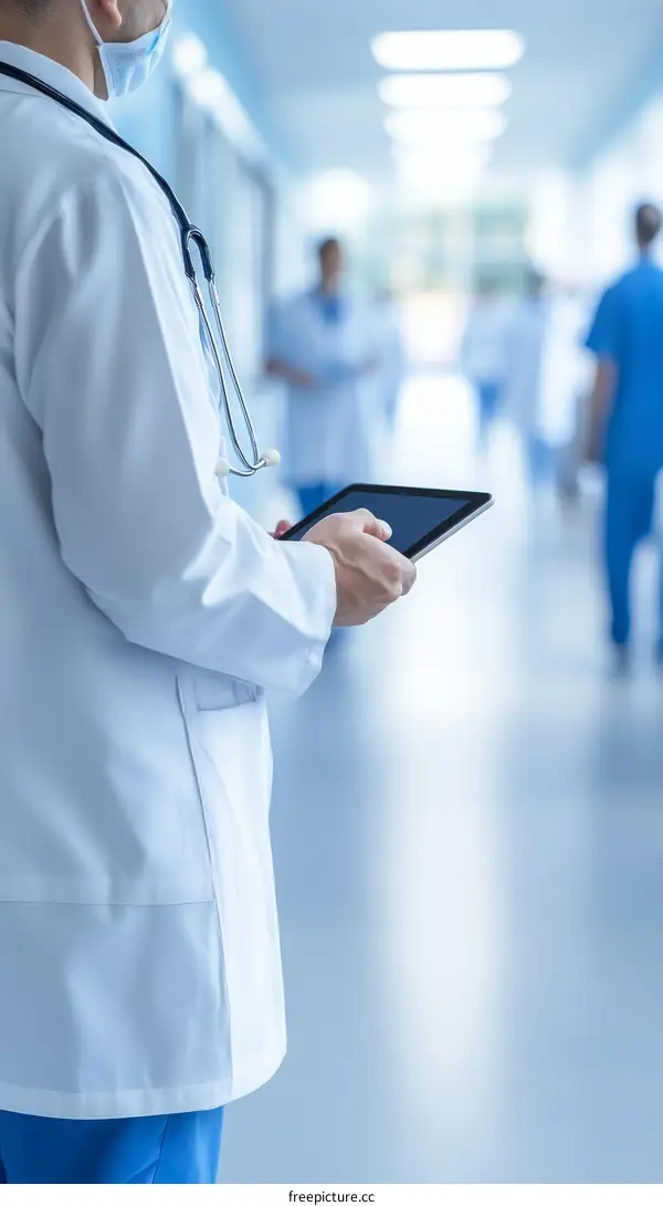 Doctor Using Tablet in Hospital Corridor