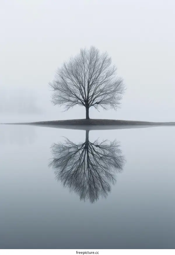 Tree in the middle of the lake with fog in the background