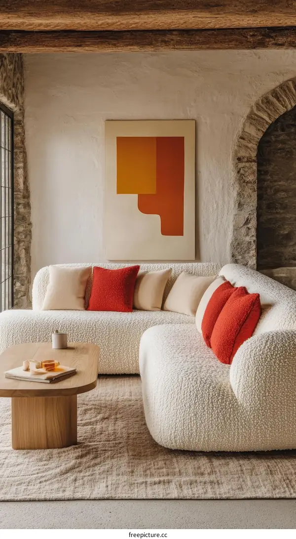 Modern Living Room Interior Design with  Cream Sectional Sofa