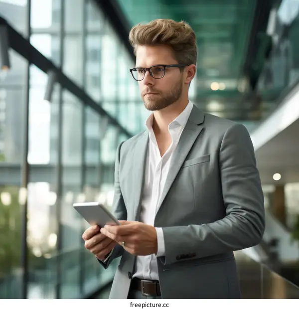 Businessman in suit holding tablet looking away